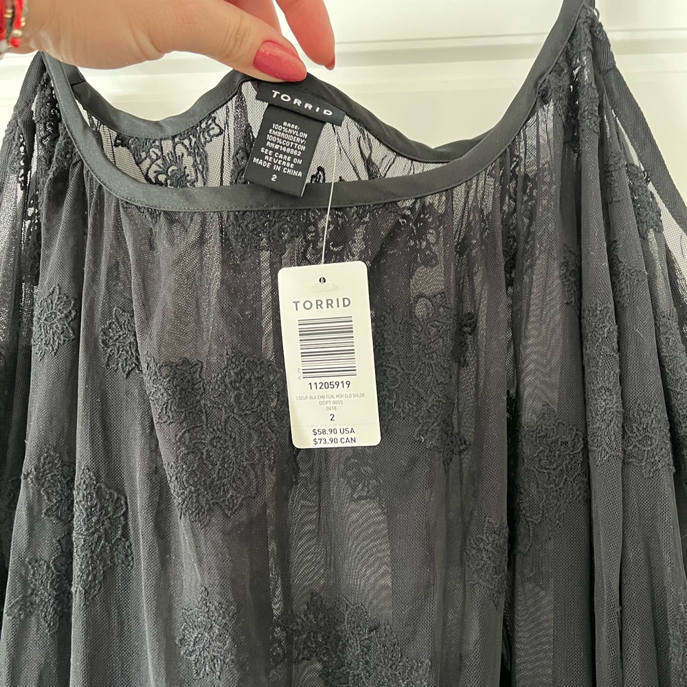 NWT Torrid Plus Size 2x Black Sheer Lace Blouse with Bell Sleeve & Cold Shoulder - Picture 7 of 8